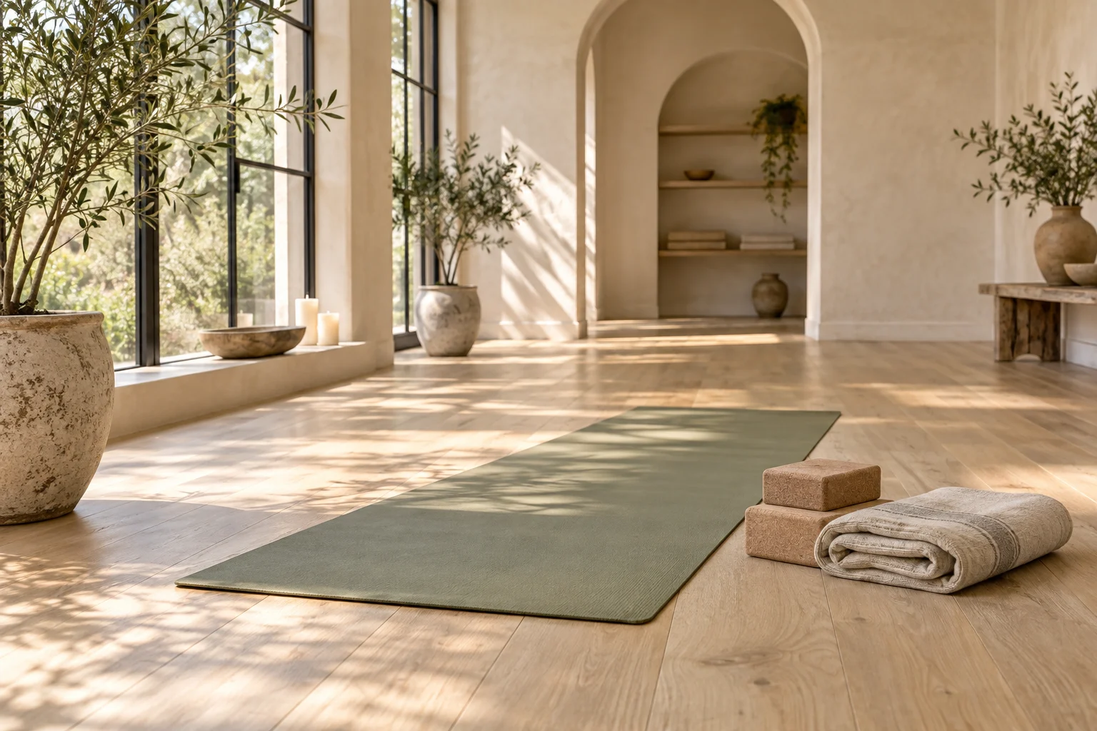 Sage green yoga mat, cork blocks and a folded blanket in a sunlit studio.