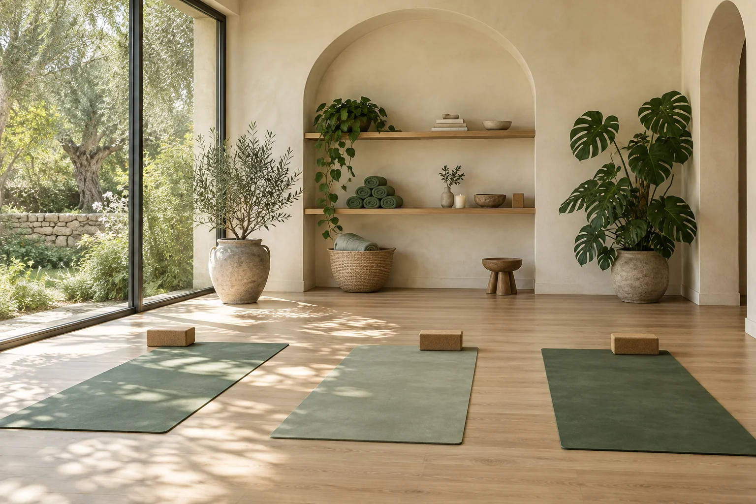 Three green yoga mats and cork blocks arranged in a light, plant-filled studio.