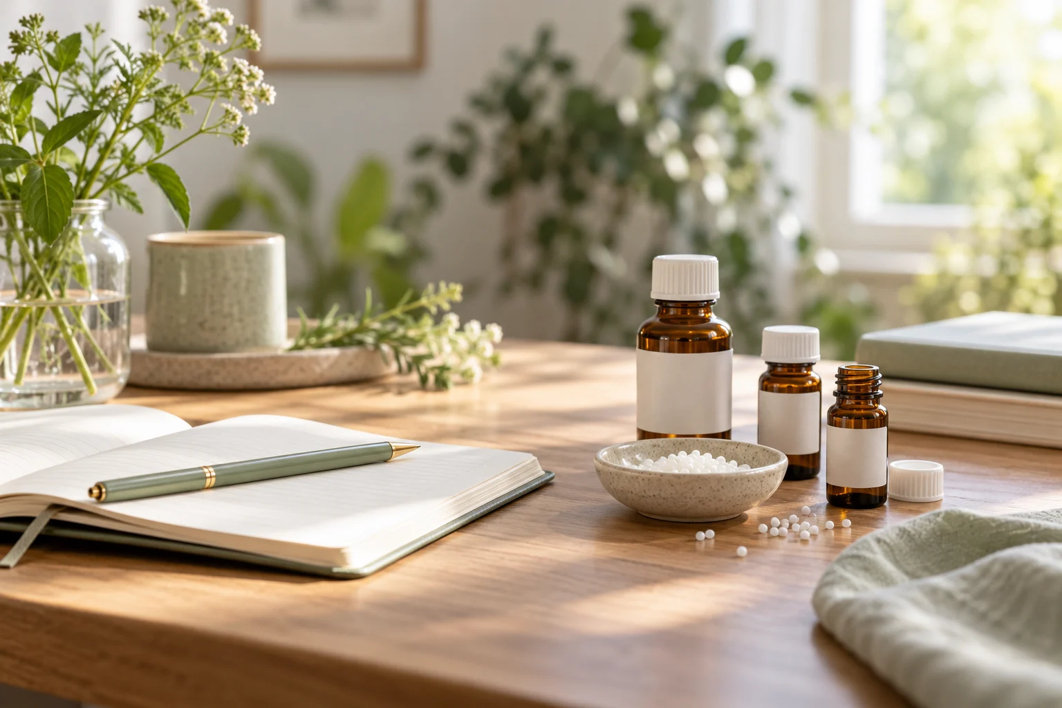 Illustrative image of amber bottles, white homeopathic pellets and an open notebook on a sunlit consultation table.
