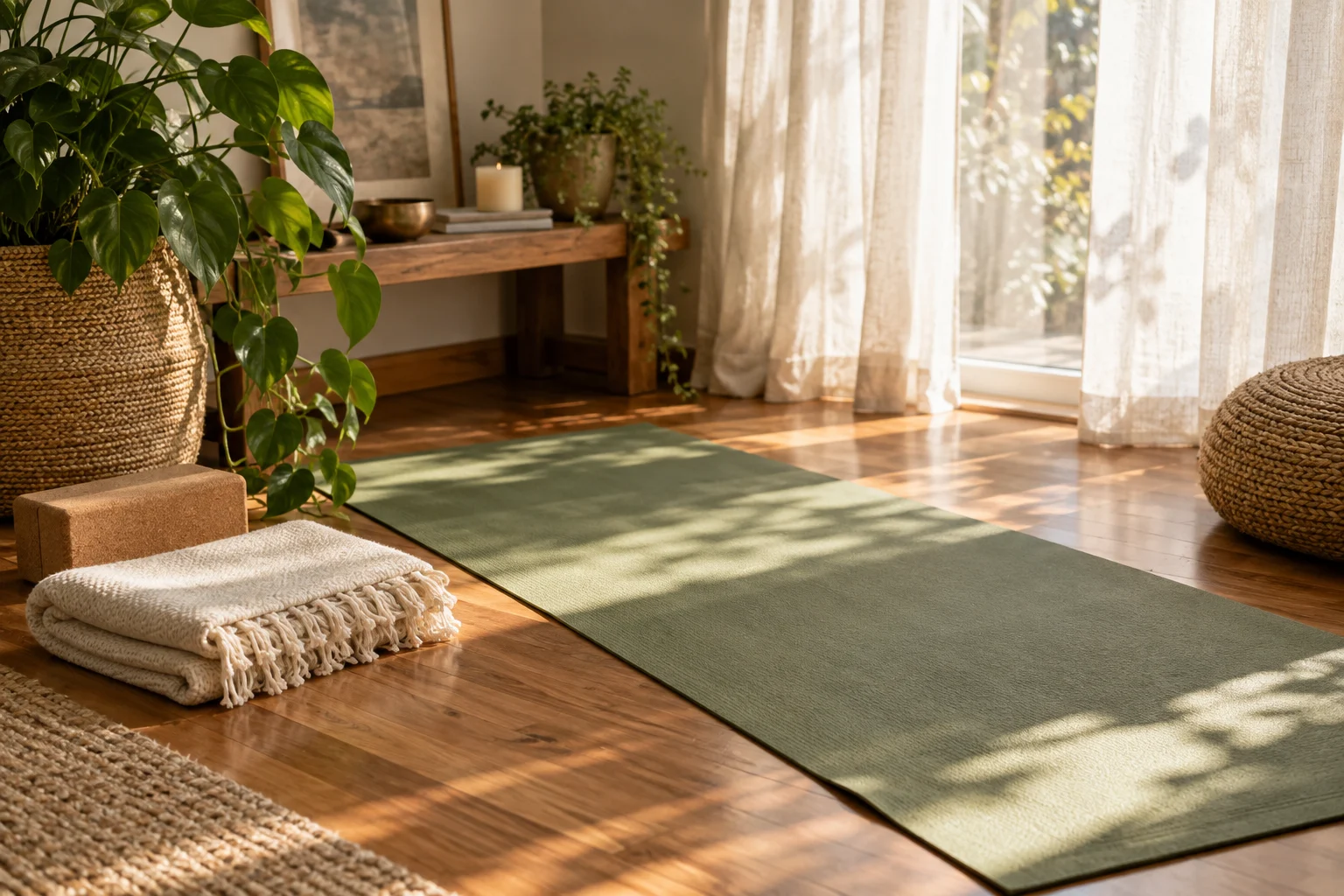 A green yoga mat beside a cream blanket, cork blocks and houseplants in a warm home interior.